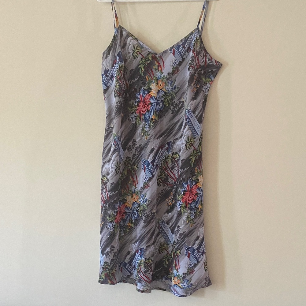 Wanted Gray Slip Dress with Tropical Multicolor Print